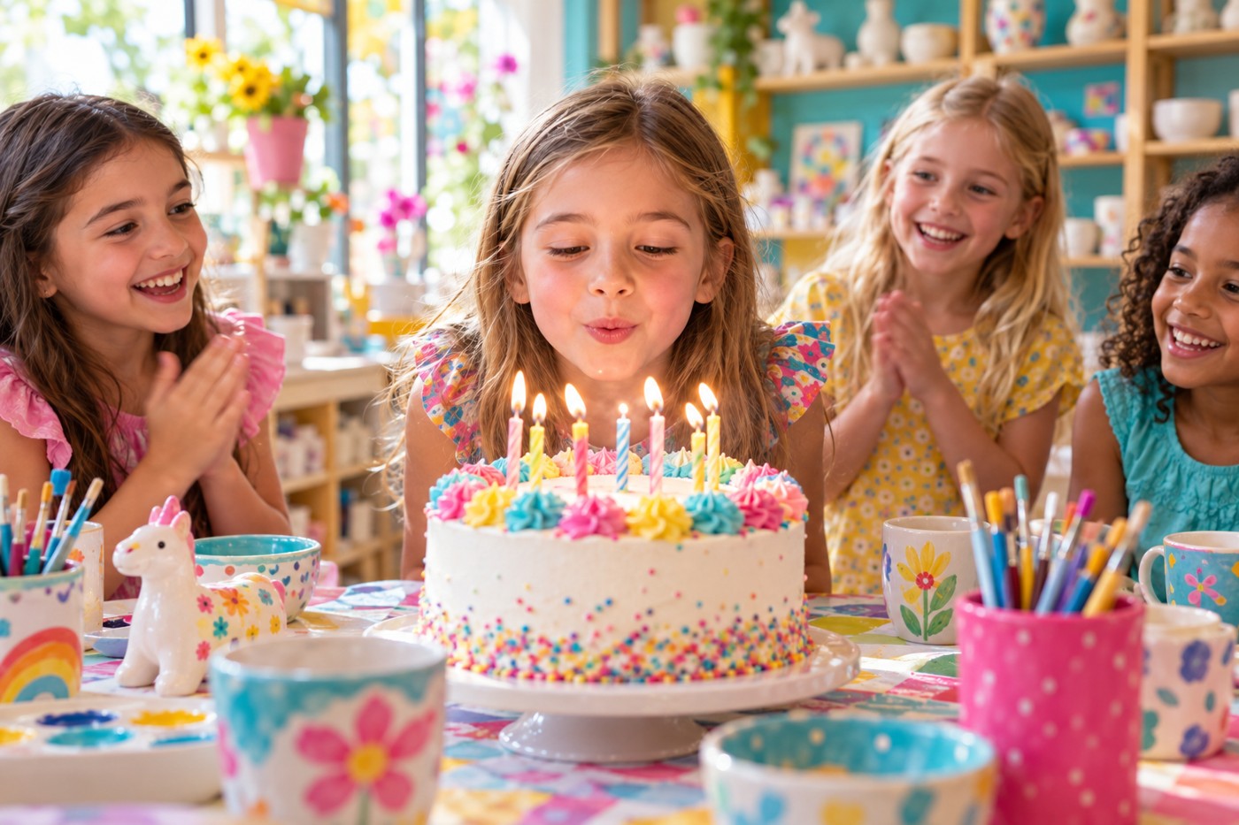 Illustration of a child blowing out birthday candles with smiling friends and colorful pottery