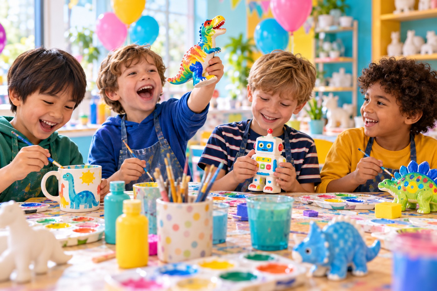 Illustrative birthday scene of boys laughing and painting dinosaurs, a robot and a mug together