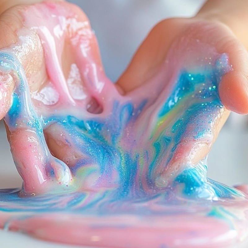 Colorful slime stretched by hand